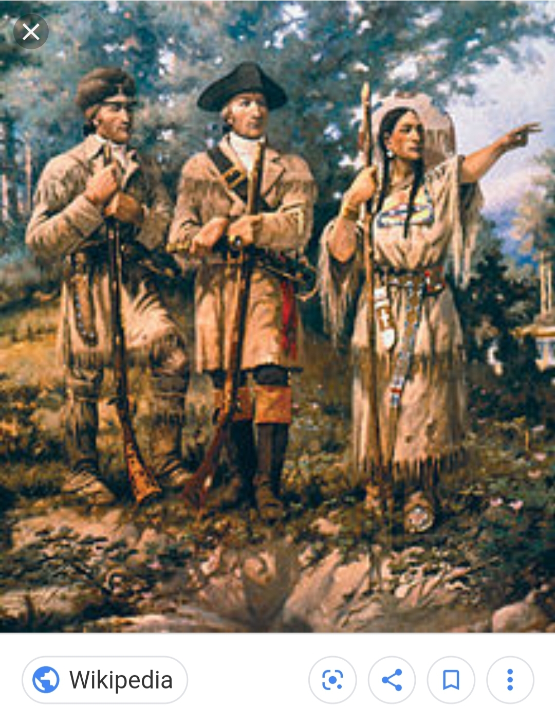 Painting depicting Sacagawea with both Meriwether Lewis and William Clark