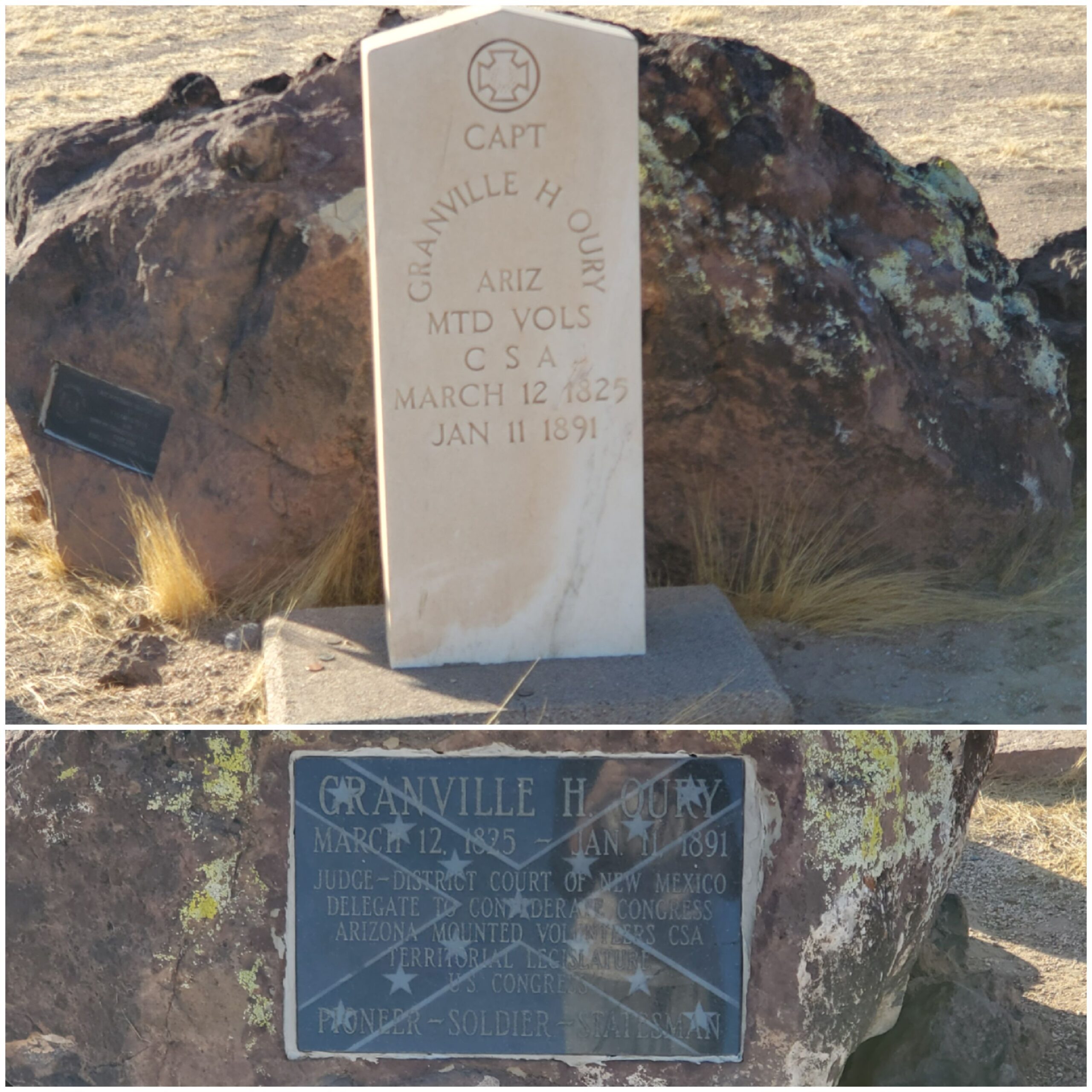 Captain Oury's government issue marker is on the top of this image while the engraved polished stone is beneath. I took both of these photos in November of 2020