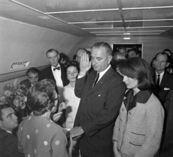 Judge Hughes delivering the Oath of Office to President Johnson, November 1963